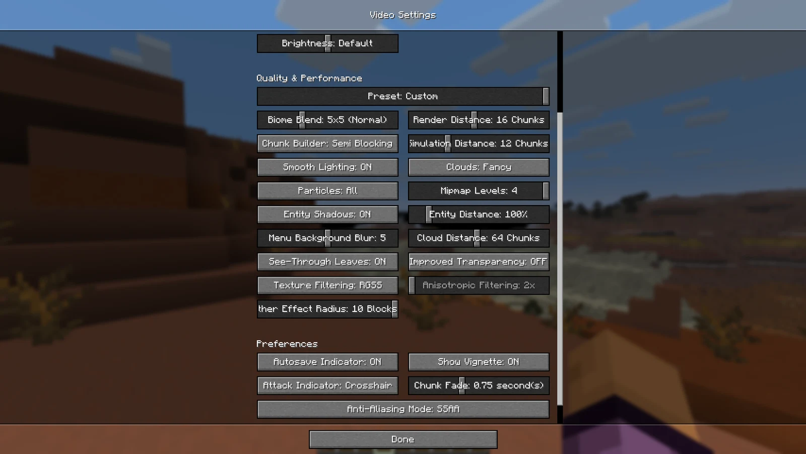 Minecraft Video Settings with Anti-Aliasing Mode set to SSAA.