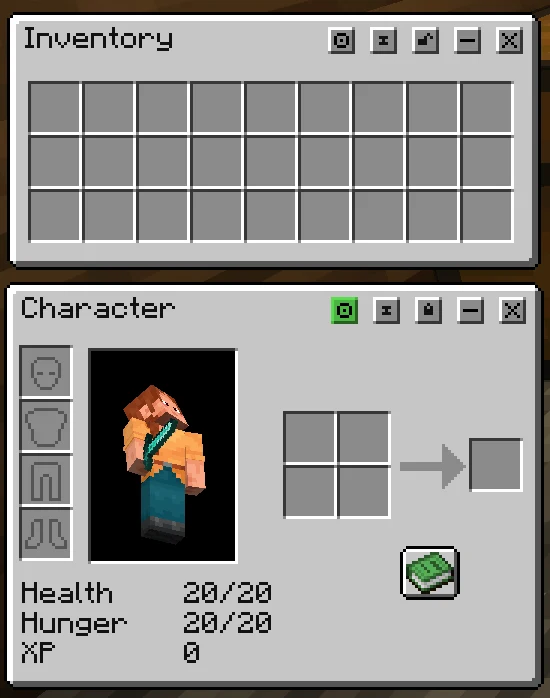 Separate Minecraft inventory and character equipment windows.